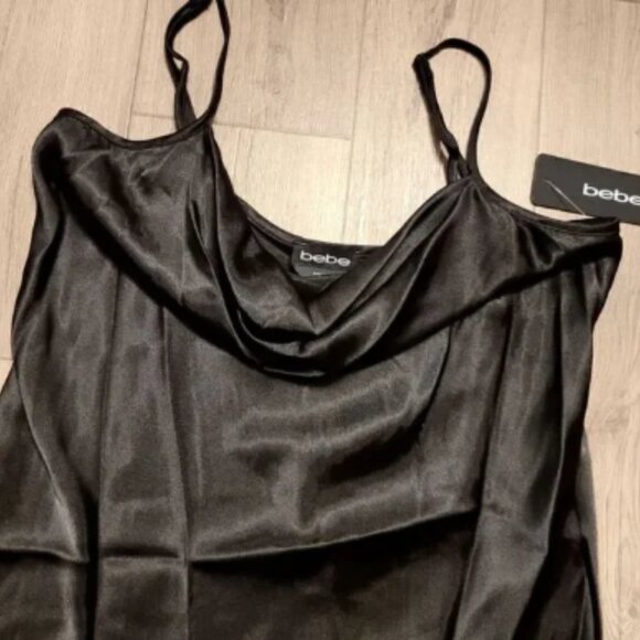 Bebe Cow Neck Satin Black Slip Dress Size M NWT - Picture 3 of 5